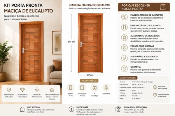 Kit Porta Pronta Maciça de Eucalipto 214x87x14cm PM96 Abertura Direita Cruzeiro Portas Marrom